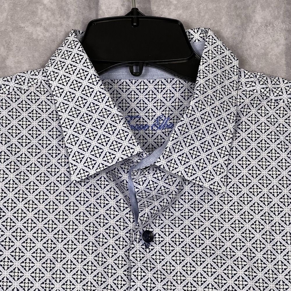 Tasso Elba Shirt Mens 2XL Blue Geometric Short Sleeve Button Dn 100% Cotton